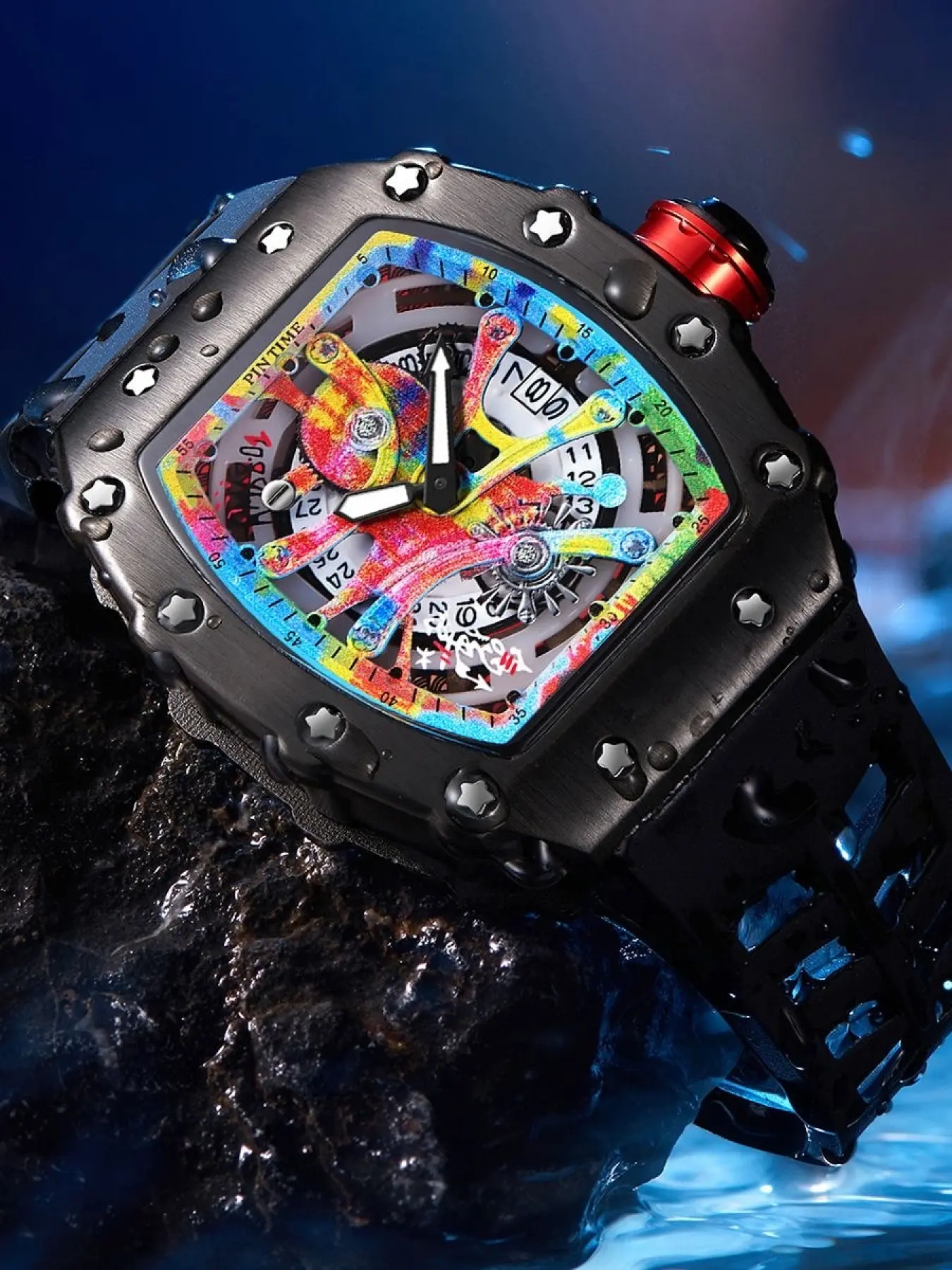 Graffiti Tonneau Watch | Rose Gold Tonneau Case, Rainbow Graffiti Skeleton Dial, Yellow Silicone Strap, Men's Hip Hop Trend Watch, Casual Trendy Wristwatch, Skeleton Watches, Quartz Watch