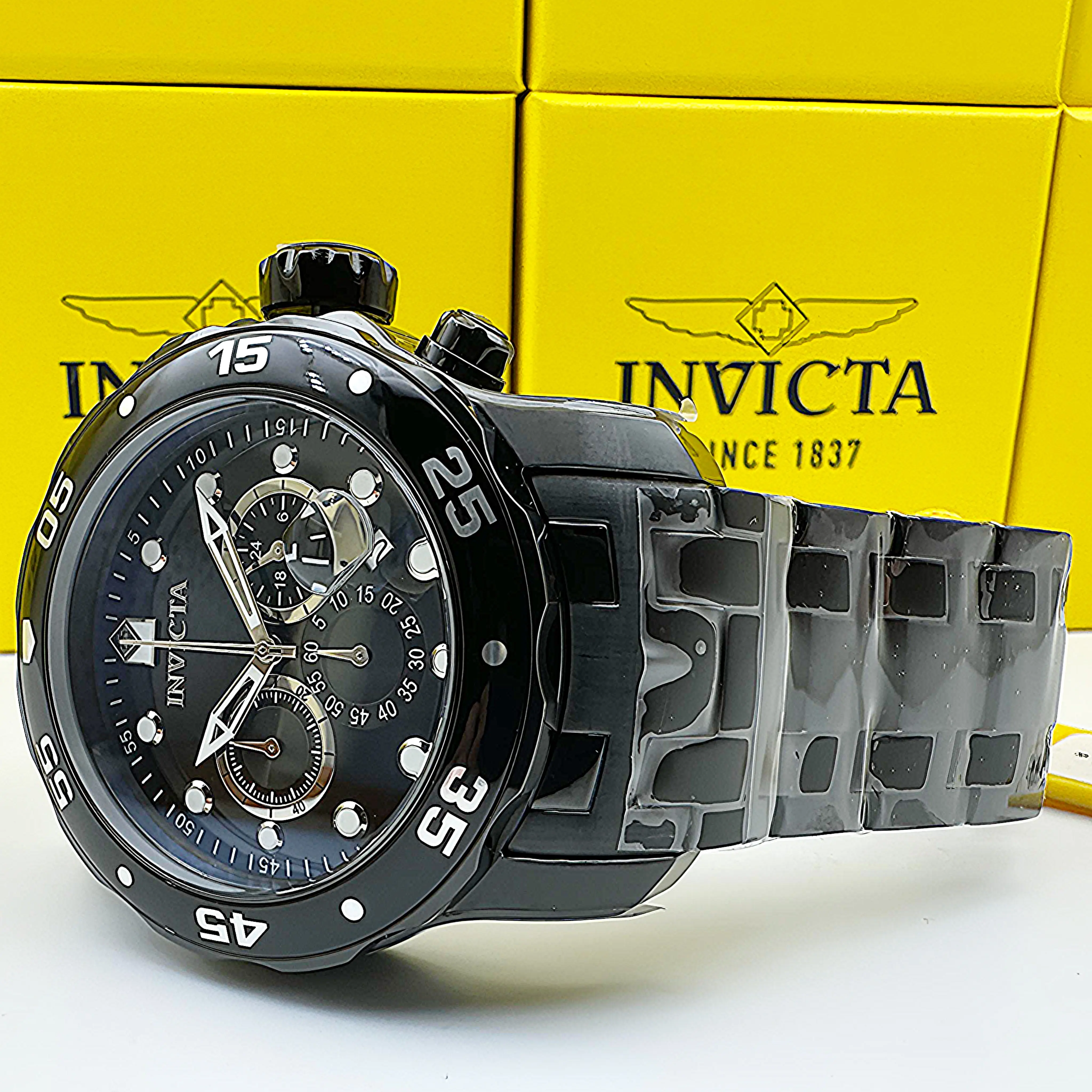 Invicta Men's 48mm Pro Diver SCUBA Chronograph Analog Quartz Sports Watch, Triple Black Stainless Steel with a Combat Look, All-Metal, Sports Use, Men's Watches, Brand New, Sports Dive