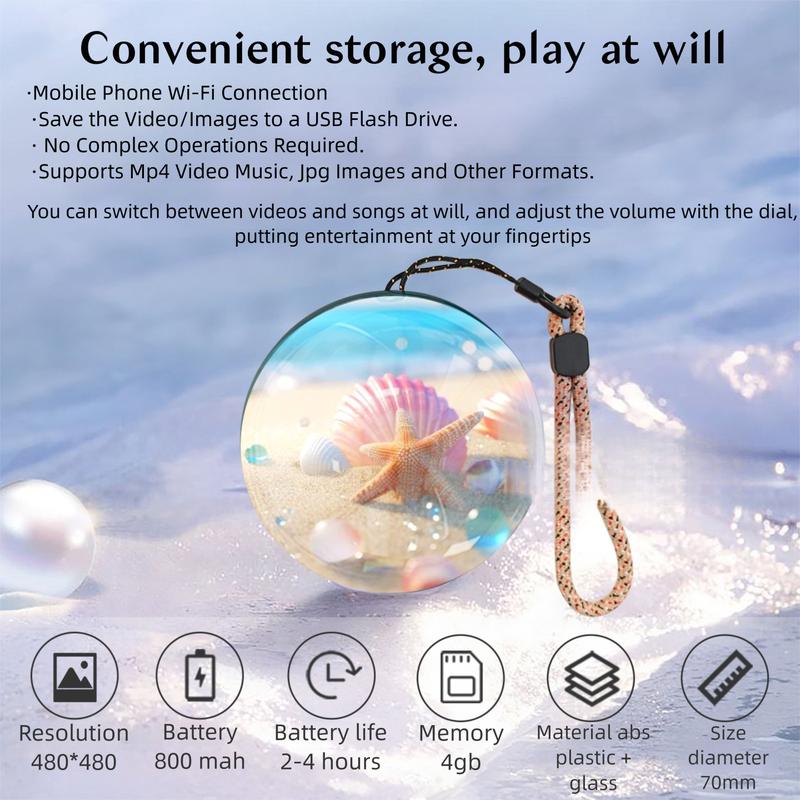 New Years Gift Magic Crystal Ball 3D Photo & Video Player 7cm Sphere 480x480 Display 4GB Storage Type-C 800mAh Lanyard/Desktop App Wi-Fi Transfer Personalized Gift with Colorful Lights & Dimmable Led Light