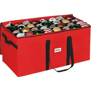 Christmas Ornament  Container,Box Stores Up to 128-3 inch ornaments, Adjustable Dividers, Large Organizer Bin to Protect and Store Holiday Decor - Red