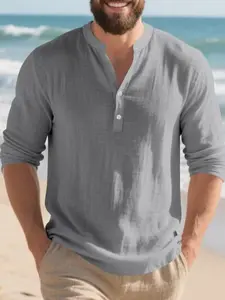 Men's Loose Fit Stand Collar Buttoned Long Sleeve Shirt, Linen Casual Breathable V Neck Henley, Must-Have Wardrobe Essential