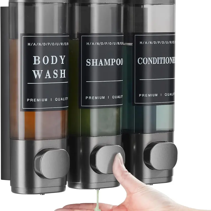 Zoronk Shampoo and Conditioner Dispenser,Shower Soap Dispenser Transparent 3 Chamber No Drill Wall-Mounted Shampoo Dispenser for Shower Luxury Wall Mounted Shower Dispenser for Bathroom Hotel Large Capacity,Dark Gray Home Goods Black