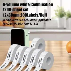 1200 sheets/6 rolls of thermal label paper, 12X30mm labels, self-adhesive, waterproof, tear resistant, suitable for D30 label printer, white label tape, compatible with D30/P15P12/D30S/D32/Q30/Q30S thermal labels for storage cans, documents, and addresses
