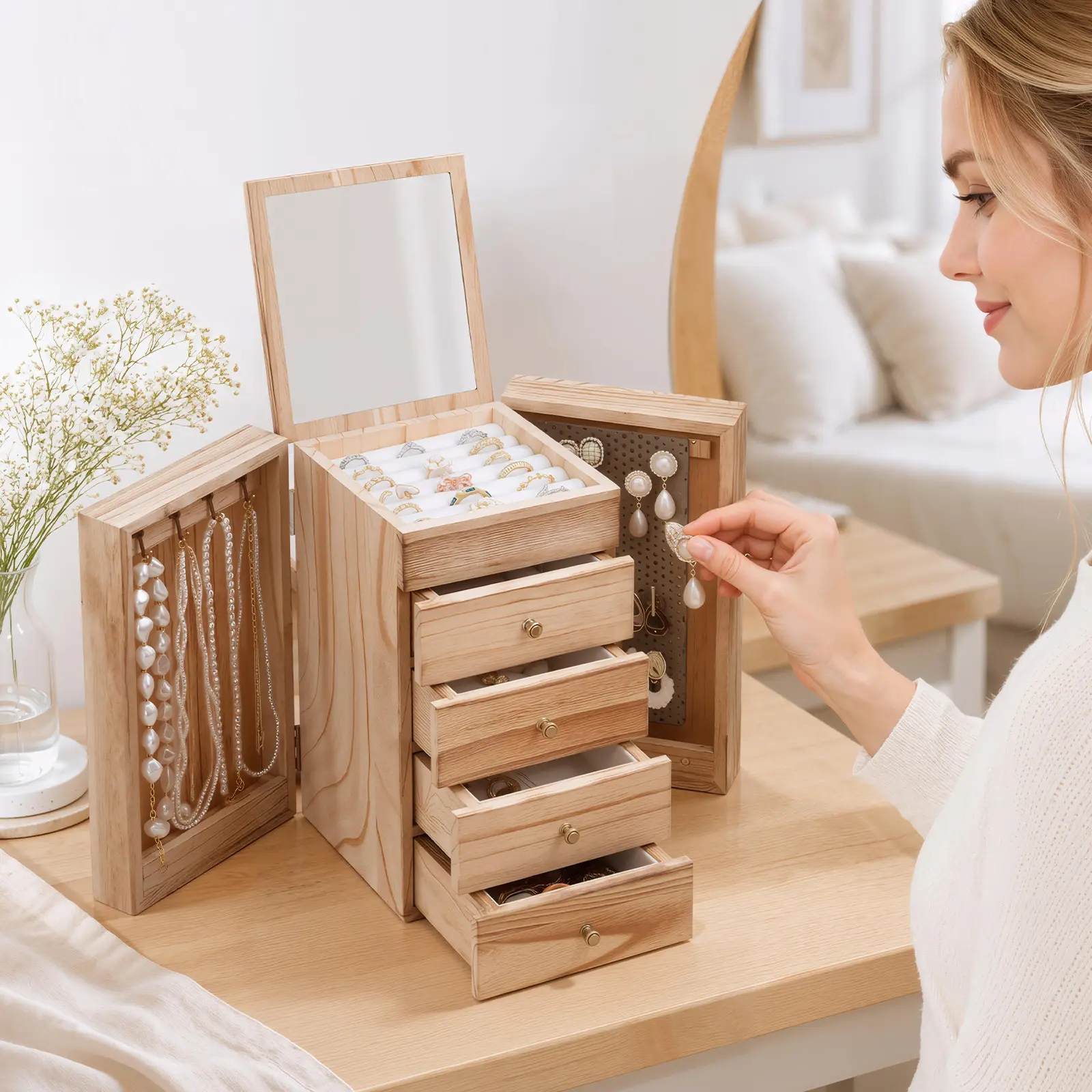 Women's Vintage Wooden Jewelry Box with Mirror - 5-Layer Large-Capacity Storage Organizer with Drawer Organization for Rings, Earrings, Necklaces, Bracelets - Home Organizer Gift for Girls sohochic