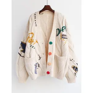Women's Cable Knit Long Sleeve Open Front Cardigan, V-Neck Button Down Embroidery Sweater,Coat Outwear for Fall&Winter