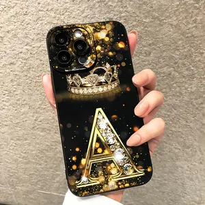 New Gorgeous Gold Gemstone Crown Inlaid Diamond Letter A Creative Phone Case, Suitable for iPhone 17 Air/16e/XS/X/11/12/13/14/15/16/Pro/Pro Max/Plus, Shockproof Full Protection Phone Case, Halloween Christmas Birthday Gift for Relatives and Friends MS31