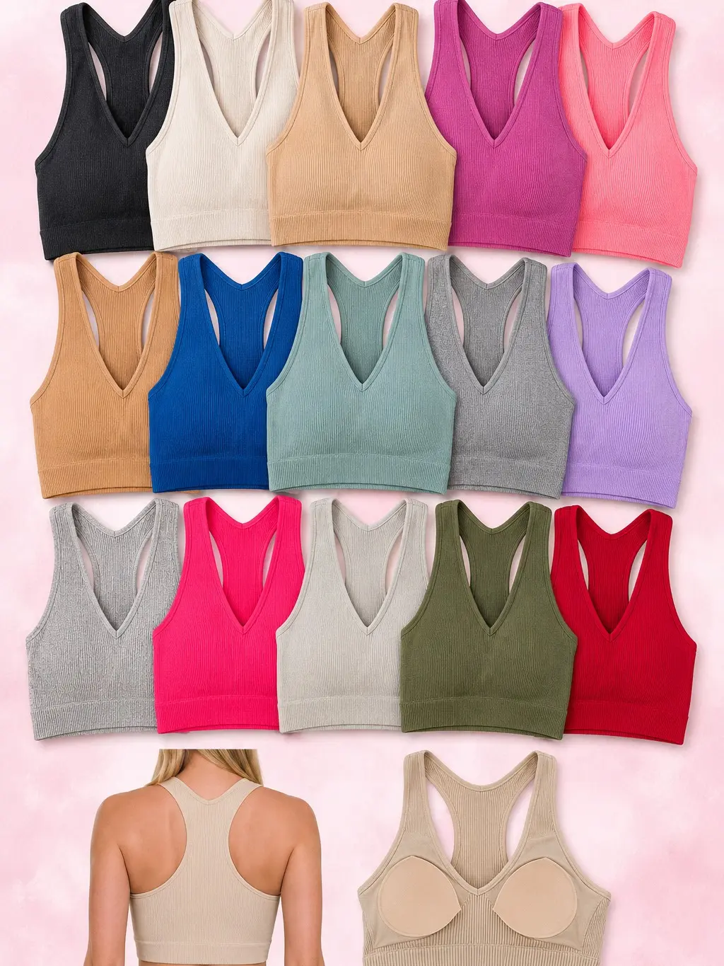 Ribbed Padded Cropped Racerback Tank Top bralette Brami by Zenana 6133, Stretchy Comfy removeable pads, many colors, Fits up to 40DD, Trendy Chic