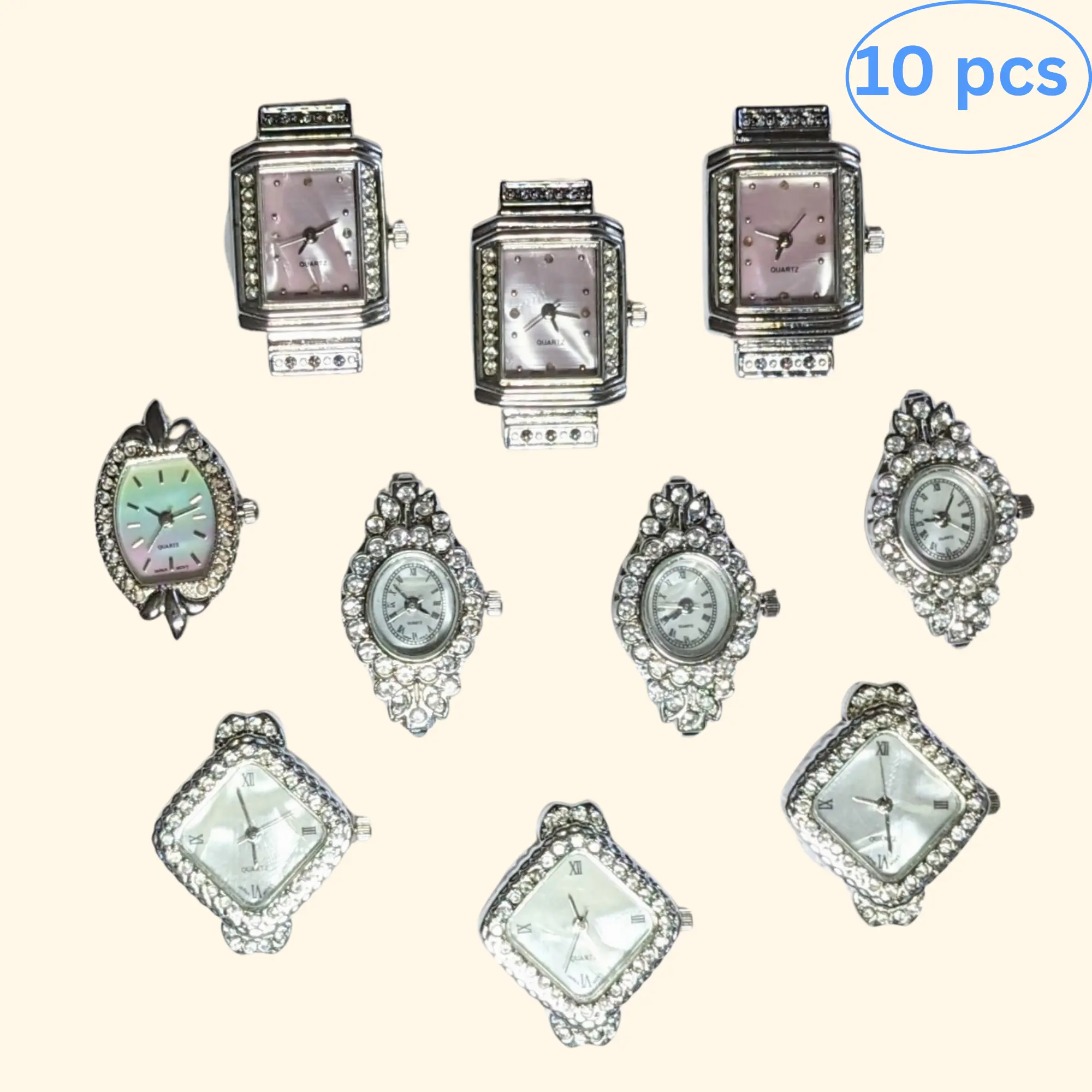 Silver Watch Faces for Crafts, Elegant Crystal-Encrusted Analog Watches for Women, Gift for Makers, Assorted, Pack of 10 Pcs