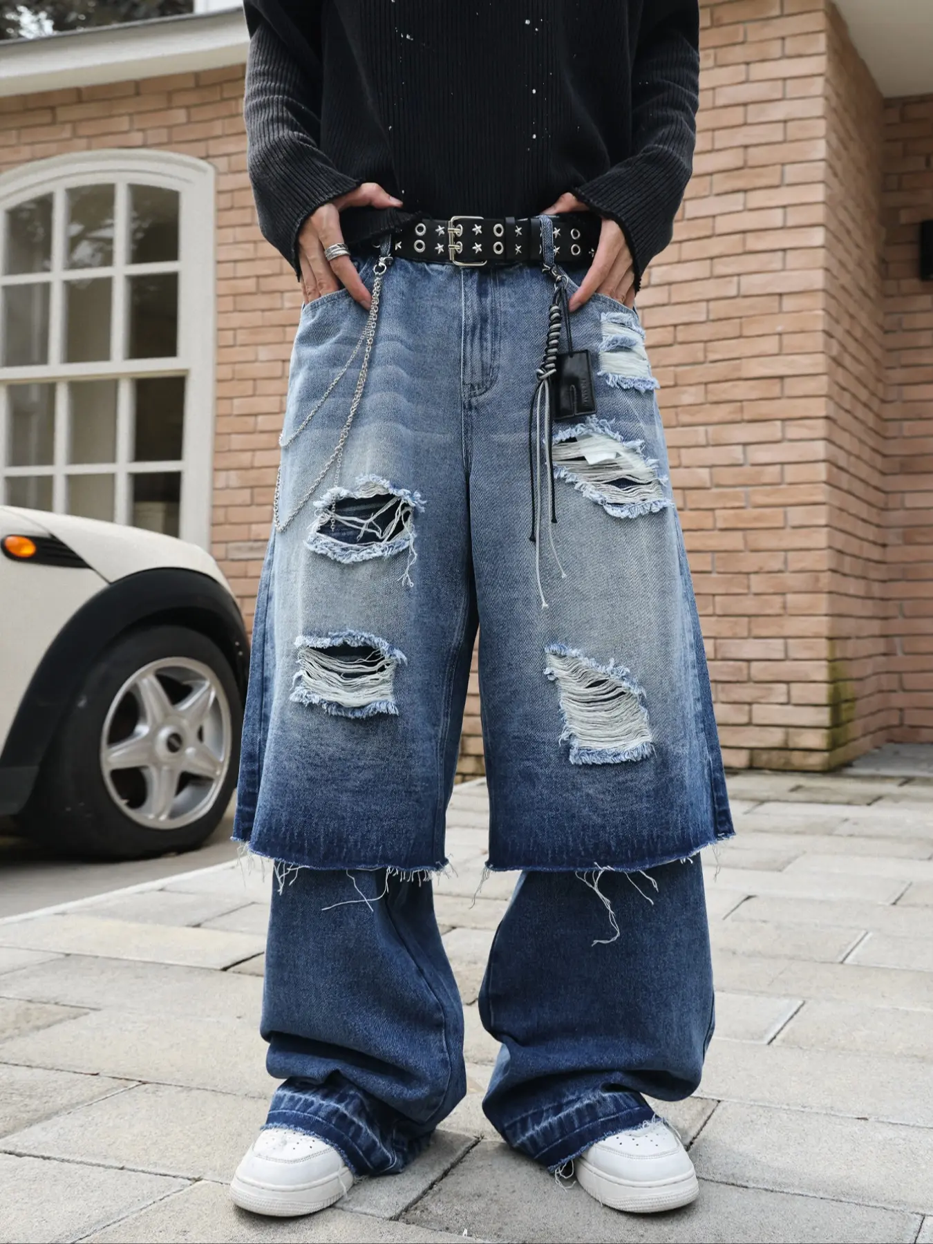Men's Blue Two-Piece Denim Jeans, Stacked Distressed Wear-And-Tear Design, High Street Classic Vintage Streetwear Style, Loose-Fitting, All Seasons