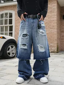 Men's Blue Two-Piece Denim Jeans, Stacked Distressed Wear-And-Tear Design, High Street Vintage Style, Loose-Fitting, All Seasons
