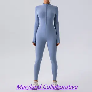 Zipper Nude Long Sleeve Yoga Bodysuit Women's Sports Fitness Training Dance One Piece One Piece Leotard