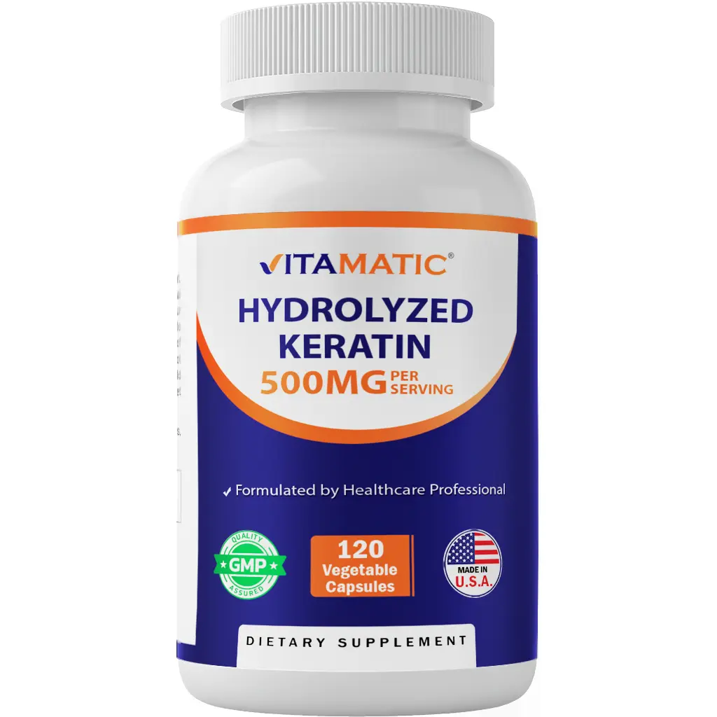 Vitamatic US-Made Edible Hydrolyzed Keratin Dietary Supplement - 500mg per Serving, 120 Vegetarian Capsules, Biotin Hair Growth Beauty Supplement for Adults, Gluten-Free, No Artificial Flavor, Hair Skin Nail Support
