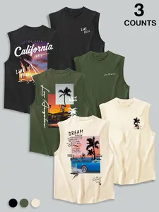 Summer Men's Casual Sleeveless Fitted Stylish Tank Top, Letter Tropical Palm Tree Graphic Print, Outdoor Sports Wear, Daily Versatile, 3 Pieces Set