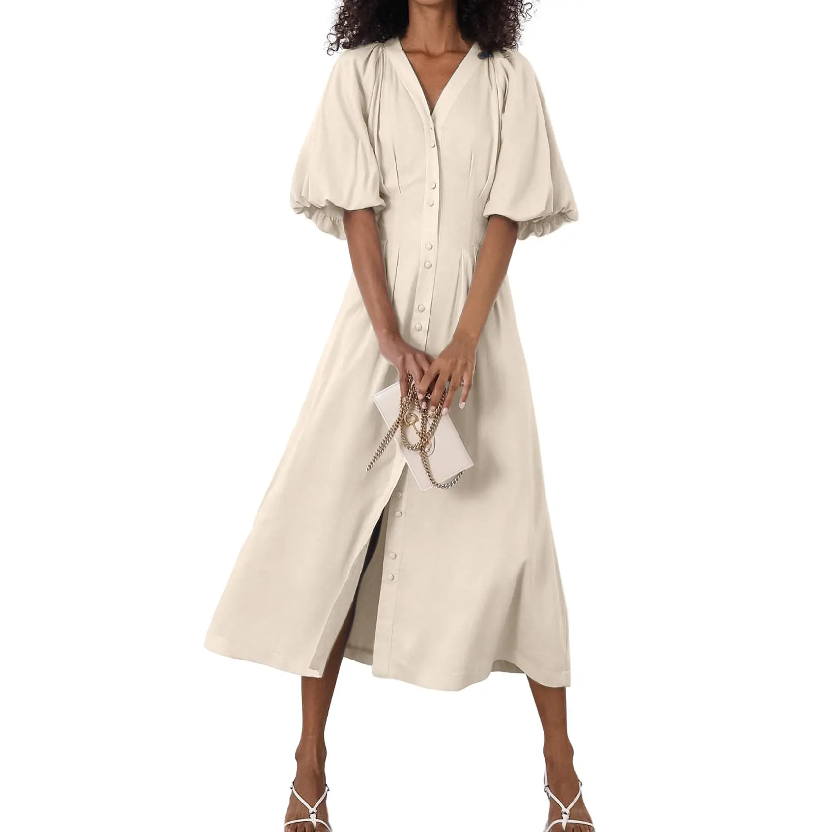 Chouyatou Elegant Flowy Midi Shirt Dress for Women Summer Puff Sleeve Button Down Business Casual Long Dress