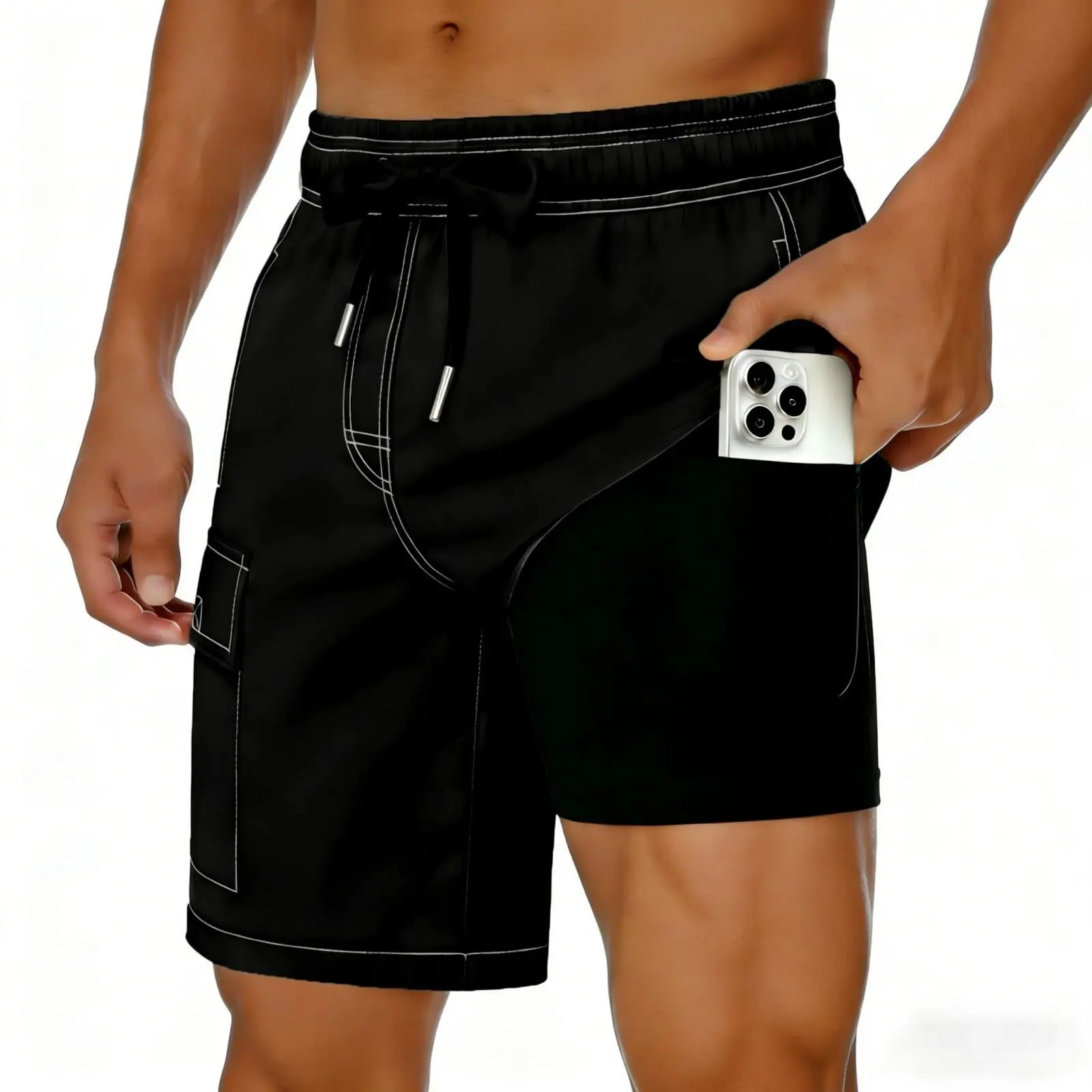 Mens Swim Trunks with Compression Liner 2 in 1 Swim Shorts Summer Beach 7 inch Board Shorts with Pockets