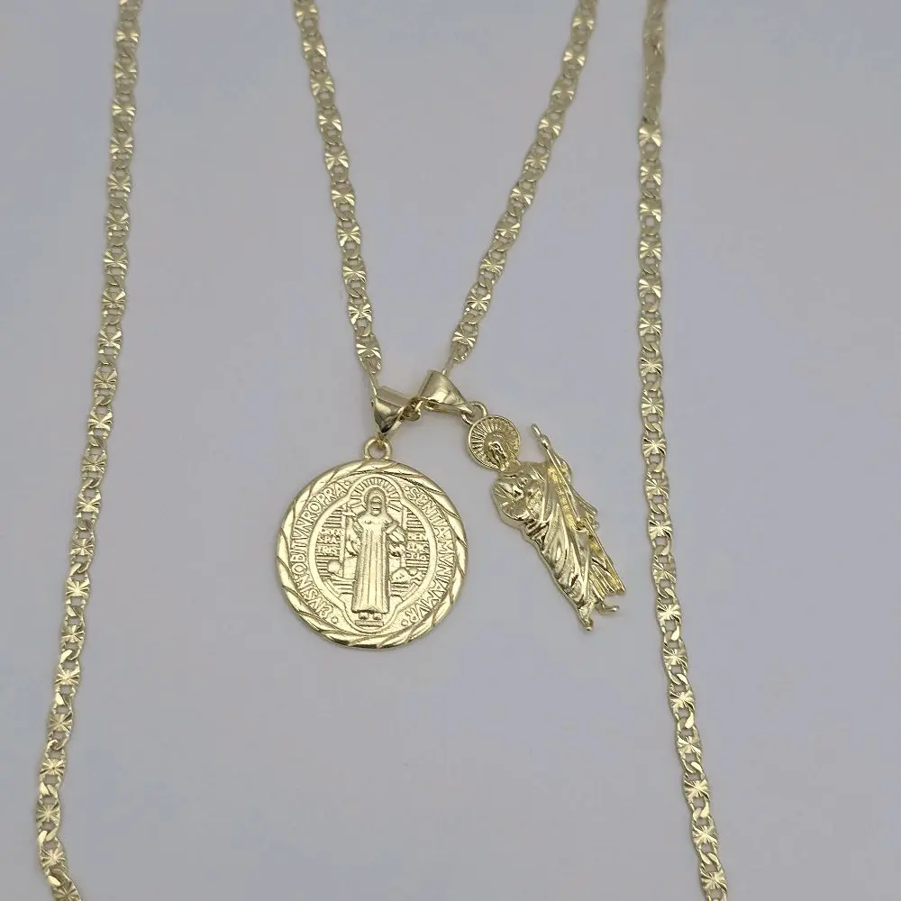 Saint Jude and Saint Benedict necklace with 2 religious pendants regular style gold-plated 24"inches