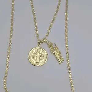 Saint Jude and Saint Benedict necklace with 2 religious pendants regular style gold-plated 24"inches