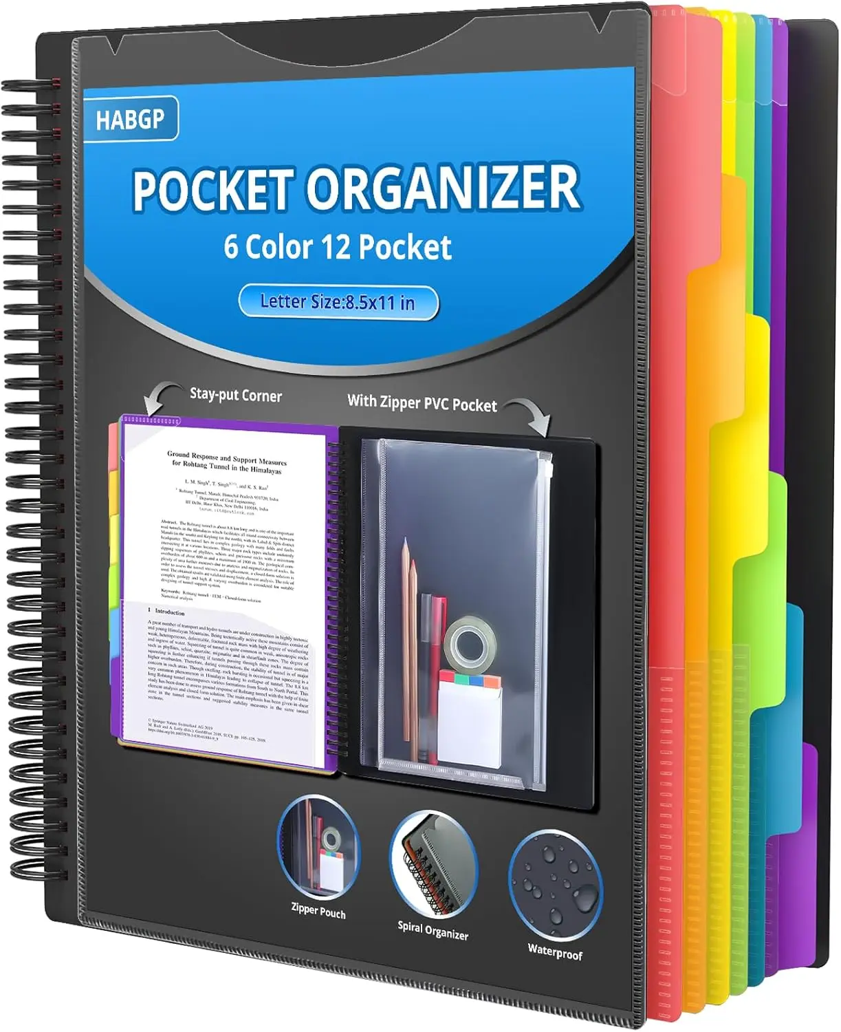 12 Pocket Plastic folders with Pockets, 6 Colors Multi Pocket Folder Binder with Dividers, Office Organizer Folder Letter Size School Supplies