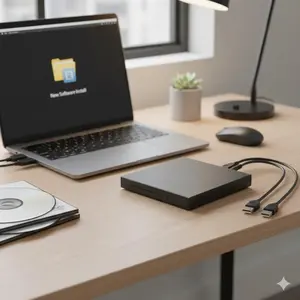 uSB External DVD Drive Burner, Plug & Play Portable CD/DVD Writer for Laptop PC, 24X High-Speed, Compatible with Windows Mac Linux, Dual USB Power, Shockproof Design