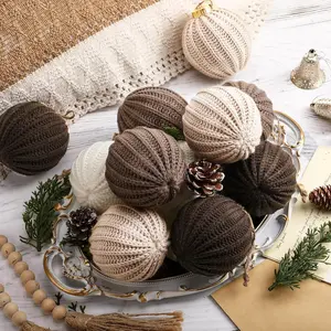 12 count Crochet Christmas Balls, Modern Christmas Ornaments Neutral  Knitted Cotton Baubles for Xmas Tree Rustic Farmhouse Holiday Decor(Light Beige, Tan, Brown, White,3.15 Inch)