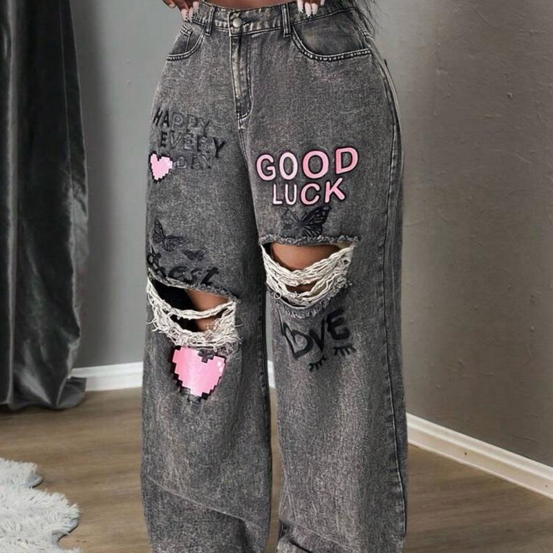 Slaydiva Women's Plus Size Grey Denim Extra Long Jeans With Ripped Knees And Graphic Prints Western Wear Women