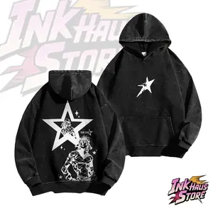 * Diego Brando *acid wash hoodie from *JoJo's Bizarre Adventure: Steel Ball Run*, with a large black star background, in a style reminiscent of Y2K streetwear or acid-washed vintage aesthetics- Long Sleeve Cotton Unisex Vintage Hoodie