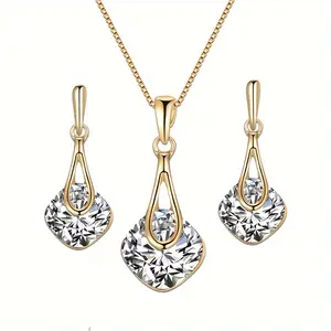 1 Set Luxury Vacation Style Jewelry, Zinc Alloy Plated with Artificial Crystal, Square Pendant Necklace and Earrings Gift Set for Banquets and Special Occasions - Summer Collection
