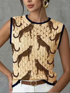 Women's Vintage Leopard Full Print Round Neck Sweater Vest, Casual Sleeveless Knitted Top, Breathable Loose Fit, All Seasons Wear