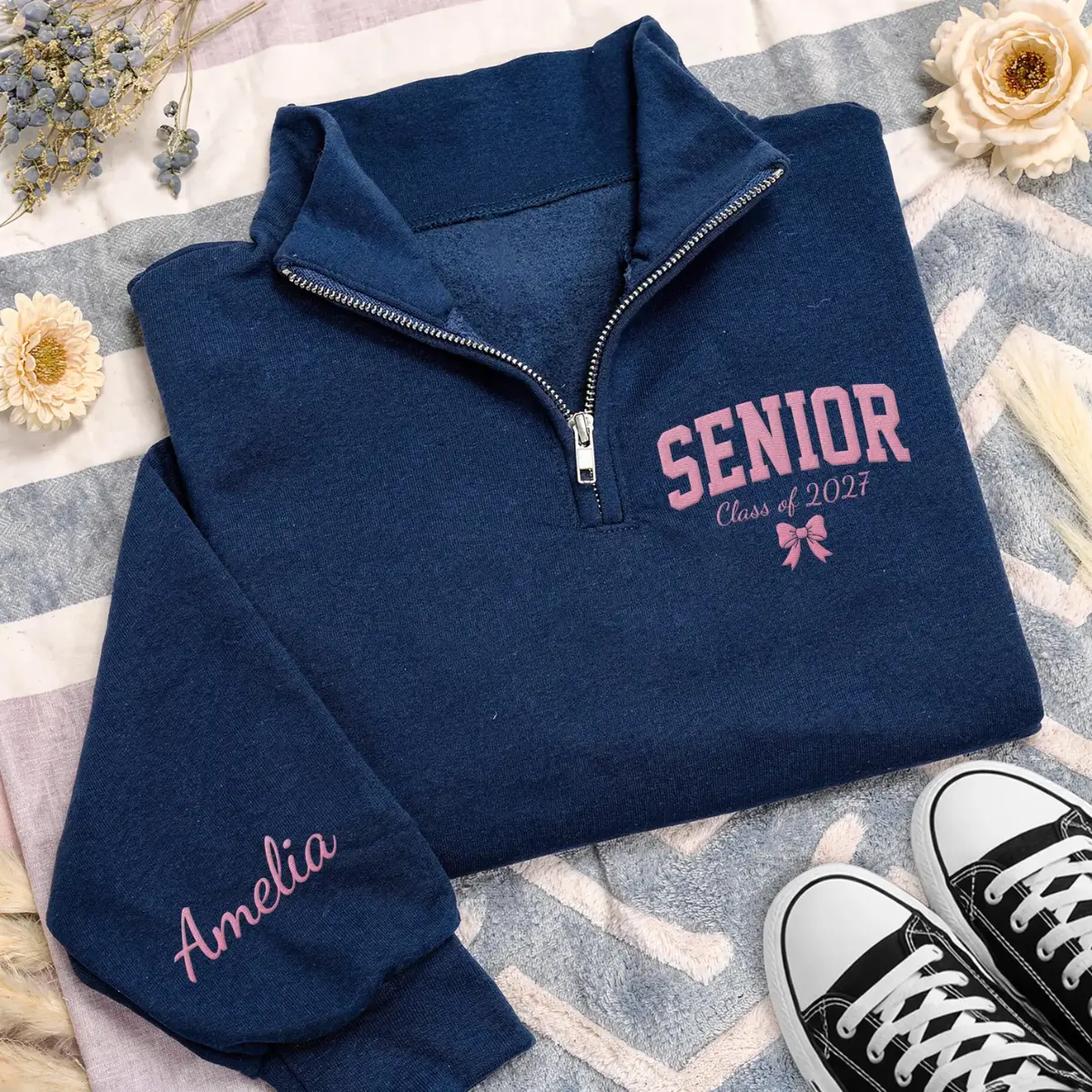 [MADE IN US] Personalized Senior 2027 Embroidered Quarter Zip Sweatshirt, Embroidered Senior Pullover, Class of 2027 Graduation Gift, Custom Name Senior Sweatshirt, Senior Girl Gift, Senior Year Apparel, Pink Bow Design