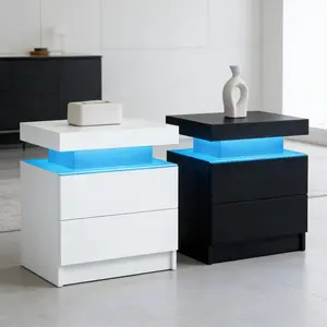 LED Nightstand with 2 Drawers & Adjustable RGB Lights – Modern Bedside Table for Bedroom, End Side Table with Storage, Space-Saving Night Stand for Living Room, White or Black
