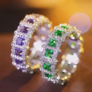 Green Purple Square Cut Gemstone Couple Rings Silver Tone Full Pavé CZ Sparkling Jewelry Engagement Promise Anniversary Gift For Him Her Couples Men Women Daily Casual Party Date Night Outfit Christmas New Year Valentine