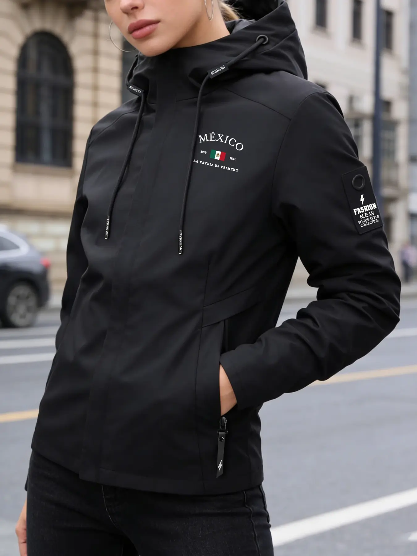 Women’s Hooded Windbreak Jacket with Mexico Print, Casual Street Style Lightweight Jacket with Pockets, Comfortable Design for Fall Winter