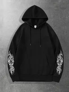 Men's Dark Monster Print Hoodie, Fall & Winter Casual Fitted Long Sleeve Sweatshirt with Pockets, Drawstring Design