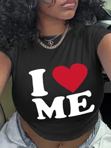 Women's Heart, Love & Letter Print Round Neck Fitted Crop Tee, Casual Short Sleeve Crew Neck T-shirt for Daily Wear, Ladies Clothes for All Seasons Womenswear
