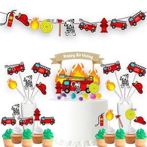 Blazing Firefighter Birthday Party Decor Set - Cake Topper, Cupcake Toppers, Centerpieces, & Banner - Ignite the Fun for Your Little Hero’s Big Day
