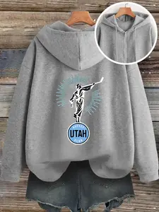 Women's Utah Hockey Club Art Print Hoodie, Casual Fitted Summer Sweatshirt, Zipper Drawstring Design, Loose Fit, Plain Pattern