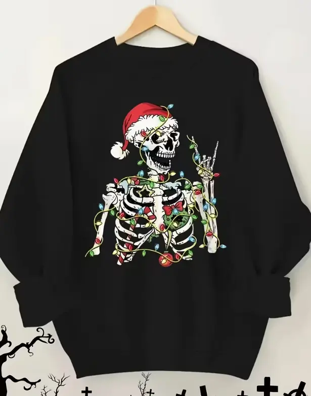 [Skeleton Sweatshirt] Christmas Skeleton Design Sweatshirt - Halloween And Christmas Casual Round-Neck Printed Lightweight Sweatshirt for Women - Autumn And Spring