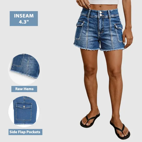 Flamingals Wash Raw Hem Stitch Detail Flap Pocket Mid Waist Denim Shorts Womenswear Stretchy 4.3" Inseam
