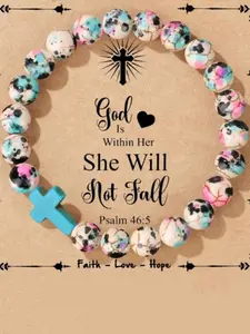 Boho Style Cross Charm Beaded Bracelet, Fashionable Elastic Beaded Bracelet for Women & Girls, Trendy All-Match Faith Wear Jewelry, Prayer Bracelet