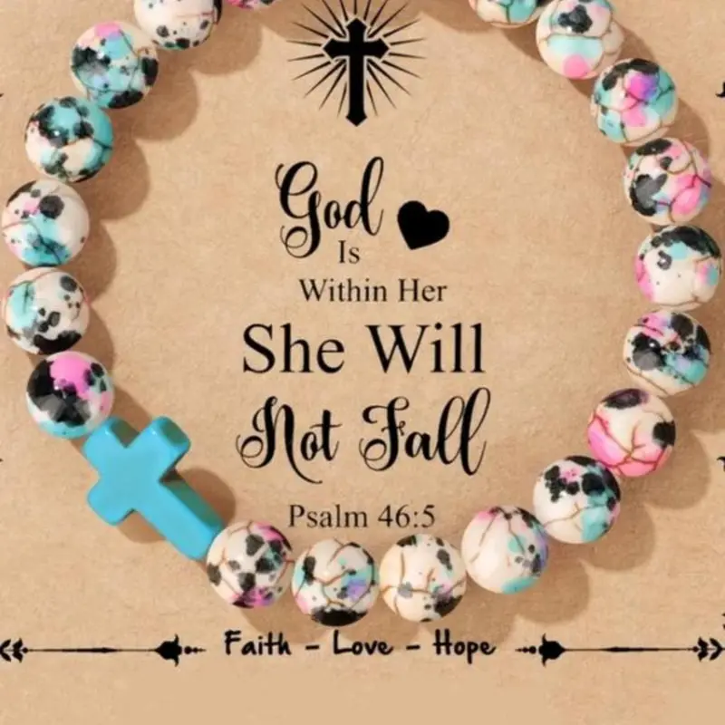 Boho Style Cross Charm Beaded Bracelet, Fashionable Elastic Beaded Bracelet for Women & Girls, Trendy All-Match Faith Wear Jewelry, Prayer Bracelet, Stretchy Religious Faith Bracelets
