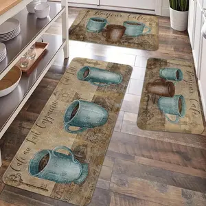 2/3pcs retro kitchen anti slip carpet floor mat set, retro coffee cup printed kitchen anti fatigue floor mat, soft flannel kitchen floor mat, Vintage printed rugs, Washable kitchen rugs, suitable for kitchen, laundry room