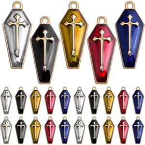 30pcs Enamel Halloween Cross Charms Alloy Halloween Theme Coffin with Cross Dangle Pendants for DIY Necklace Earring Jewelry Making Decoration, 5 Colors