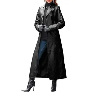 Hot-Selling European and American Women's Clothing Button Leather Coat Long Slim Fit Plus Size Leather Trench Coat 2025