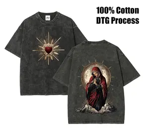 Washed Vintage T-Shirt with Sacred Heart of Mary Motif DTG Process Unisex Loose-Fitting T-shirt, Washed Casual Top (100% Cotton, 280g), Smooth Fabric, Minimalist Style, Street Style, Classic T-shirt, Makes a Great Gift.