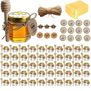 50 Pack Mini Honey Jars 1.5oz Glass Hexagon Jars with Gold Lids Wooden Dippers Bee Charms Gift Bags Tags Twine for Baby Shower Wedding Party Favors