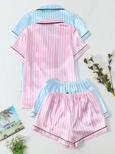 Women's Satin Sleepwear Set, Pajama, Sweet Heart Collar Short Sleeve Top with Pocket, Bow Shorts, Casual Home Wear, Fitted Style