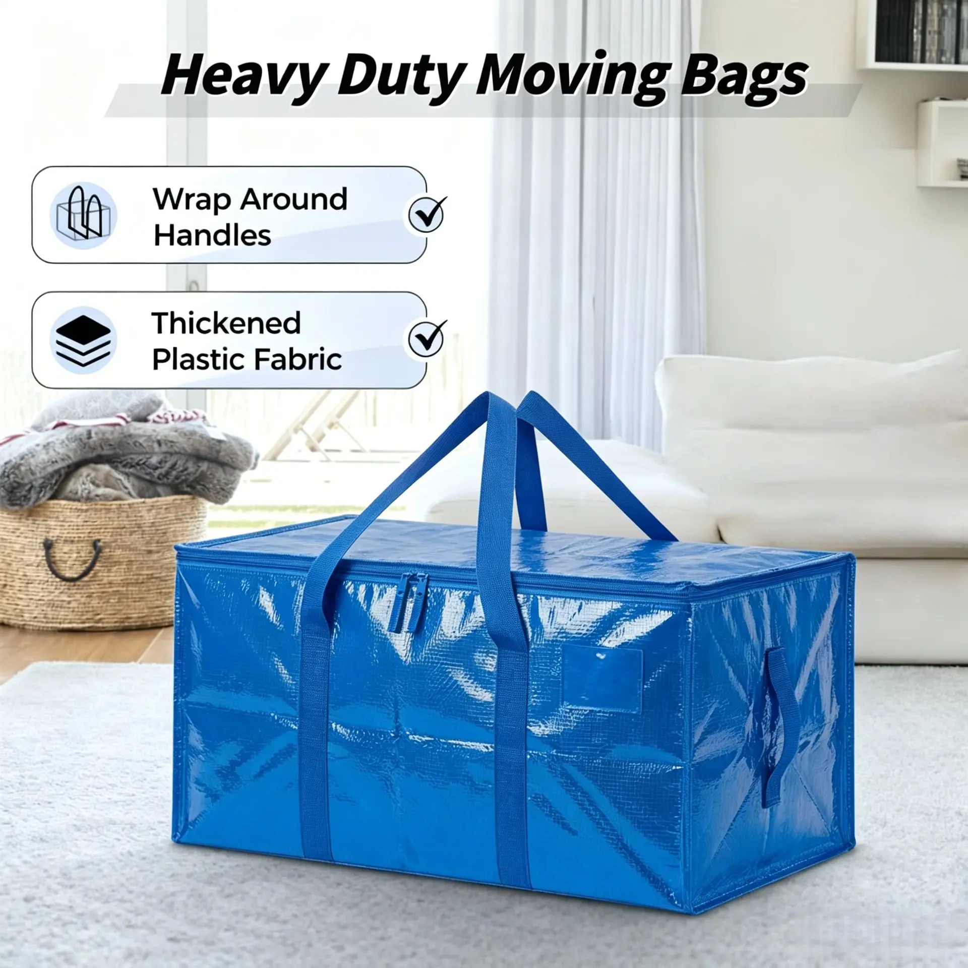 6-Pack Large Blue Heavy-Duty Storage Tote Bags with Clear Label Window, Wrap-Around Handles, Foldable Waterproof Design, Roomy Organizer, Reusable Moving Box Alternative, Practical Household Gift for Men