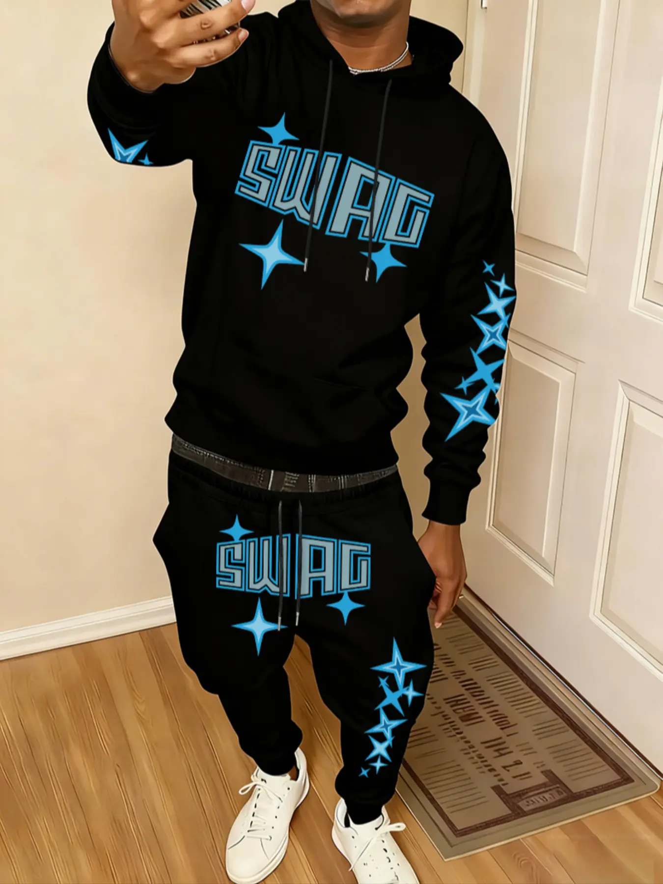 Men's Spring Fall Trendy Print Hoodie Set, Eye-Catching Blue Block, Street Style Loose Fit Comfortable Casual Wear