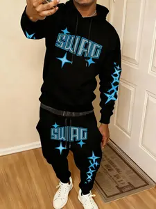 Men's Spring Fall Trendy Print Hoodie Set, Eye-Catching Blue Block, Street Style Loose Fit Comfortable Casual Wear