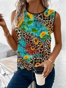 Spring Summer Casual Round Neck Short Sleeve Knit Top, Colorblock Hem, Floral Leopard Print, Slim-Fitting Lady's Sweater